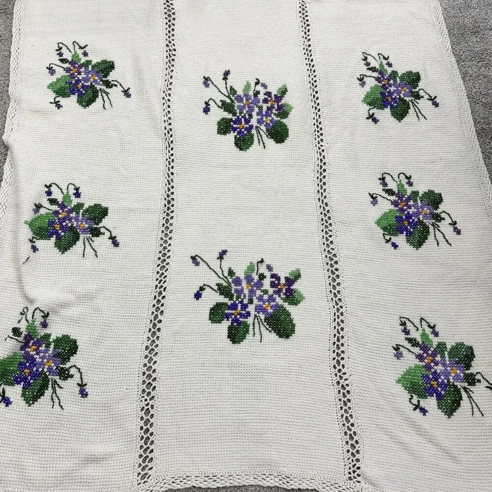 Vintage Handmade Crochet Blanket Throw Afghan Cross Stitch African Violets